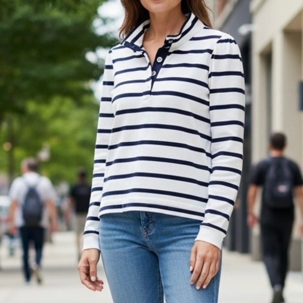 Crown & Ivy Pullover Women XL White Navy Excellent Striped Mock Neck Sweatshirt